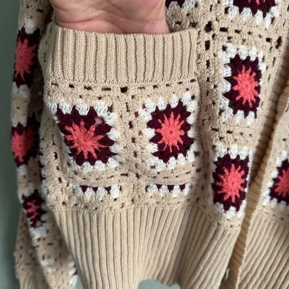 PacSun Womens Large Crochet Granny Square Cardigan Pink Tan Cotton Knit Sweater - Picture 11 of 13